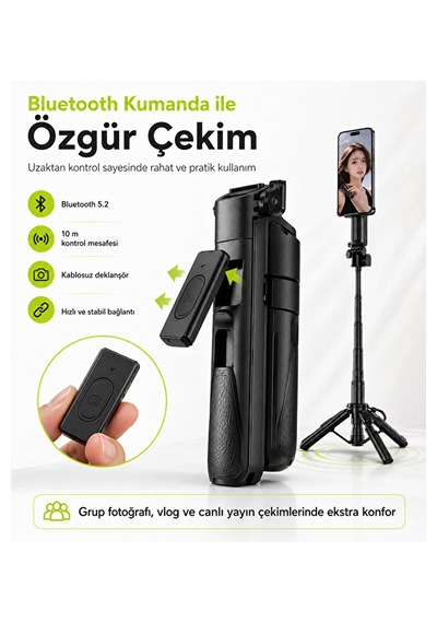 Bluetooth 5.2 Selfie Çubuğu Ve Tripod 47,5 Cm Teleskopik Uzaktan Kumandalı
