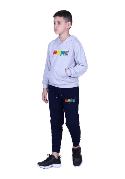 Fyk Kids Kapüşonlu Kanguru Cepli Game Baskılı Erkek Çocuk Eşofman Takımı Gri - Lacivert