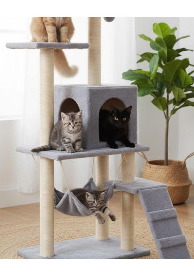 Pet B-07 Hamaklı Yuvalı Lüx Kedi Tırmalama Oyun Evi Gri