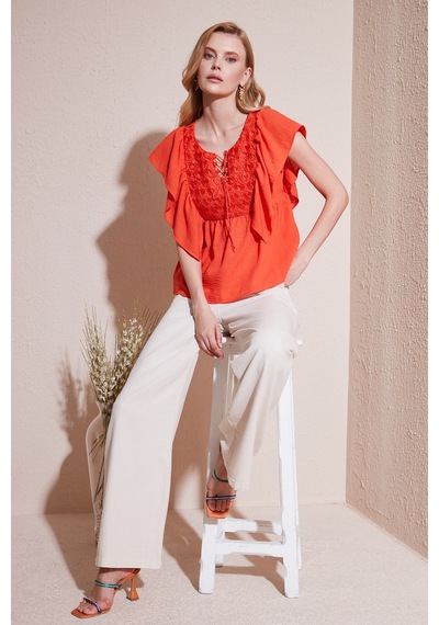 Lela Regular Fit Önden Bağlamalı Volanlı Bayan Bluz 611Fb20064 Oranj