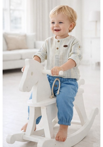 Babyhola Bayramlık Erkek Bebek İkili Takım Katlanabilir Kollu Müslin Üst Ve Pantolon Set 2218 Mavi