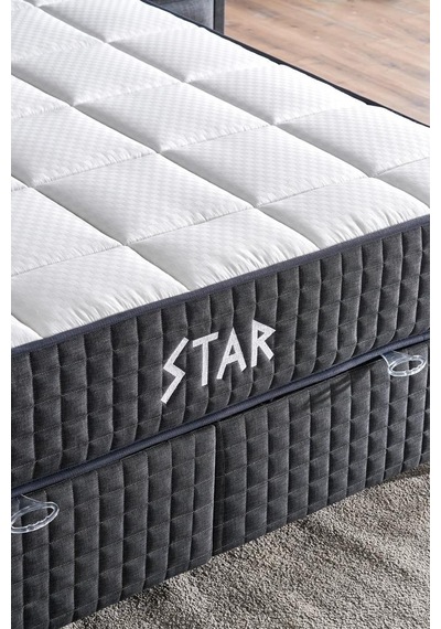 Star Yatak Seti 200x200 Cm Çift Kişilik Yaylı Sert Ortopedik Yatak Antrasit Lüks Baza Başlık Takımı