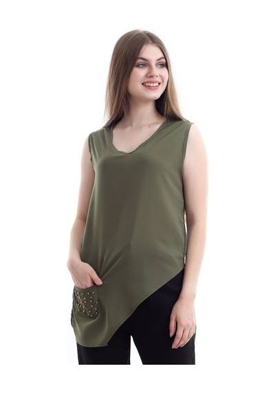 Self Clothing Kadın Yeşil V Yaka Cep Ve Yırtmaç Detaylı Bluz Slf1246-Yeşil