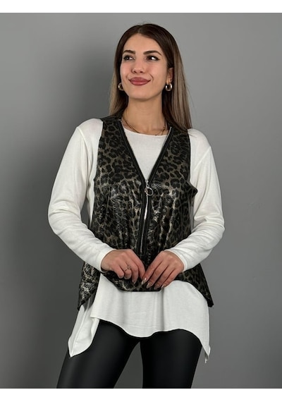 Buğrahayalin Kadın Yılan Desen Fermuar Detay Yelek Ve Asimetrik Kesim Bluz Salaş Ikili Takım Beyaz Buğrahayalin Kadın Yılan Desen Fermuar Detay Yelek Ve Asimetrik Kesim Bluz Salaş Ikili Takım Beyaz