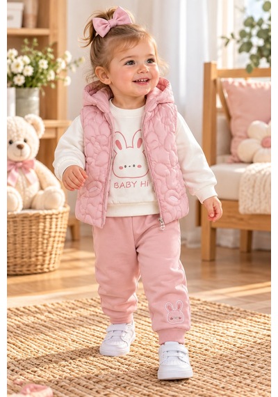 Baby Hi Ayıcıklı Şişme Yelekli Kız Üçlü Takım 9-18 Aylık -dü653337 - Gül Kurusu