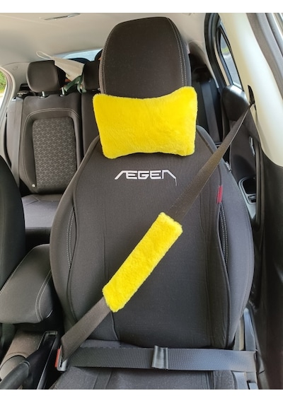 Peluş Ortopedik Araba Seyahat Boyun Yastığı Emniyet Kemer Pedi Seti Sarı Renk