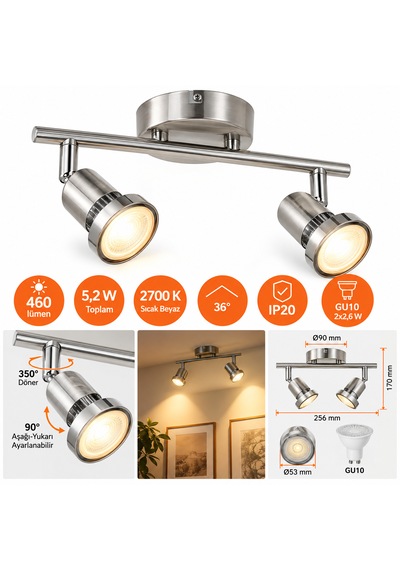 2 Li Gu10 Led Spot Aydınlatma Armatürü 2 2,6 W 460 Lümen 2700k Sıcak Beyaz Ampul Dahil Krom