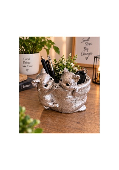Dekoratif Sevimli Kedi Figürlü Çok Amaçlı Organizer Takı, Toka Ve Anahtarlık Kabı 15x13 Cm Gümüş