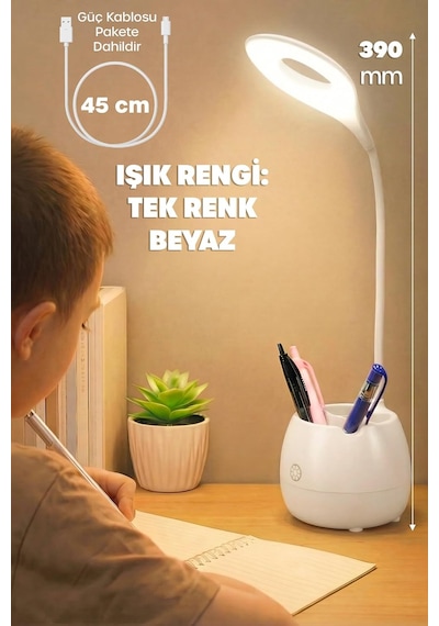 Şarjlı Masa Lambası Işık Ayarlanabilir Kalemlik Telefon Stand Ders Çalışma Okuma Işığı 0620 Beyaz Diğer