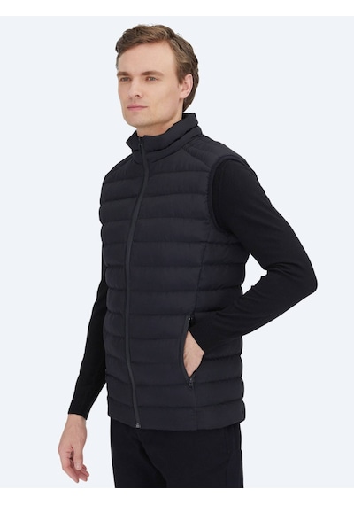 Kip Siyah Dik Yaka Casual Dokuma Spor Yelek Siyah
