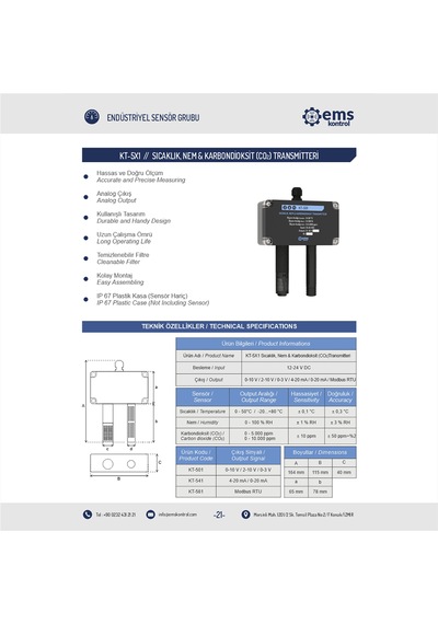 Ems Kontrol - Sıcaklık, Nem Ve Karbondioksit Transmitteri -20..+80 C / 0-10.000 Ppm