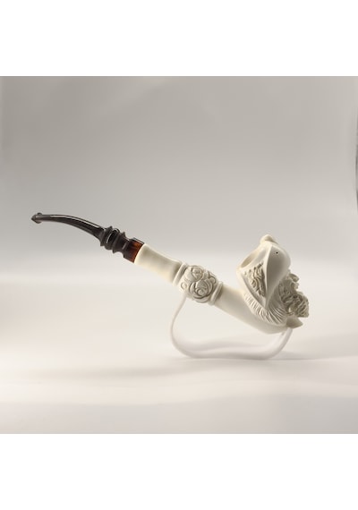 El Oyması Lületaşı Korsan Figürlü Uzun Pipo Kuru Kafa Kabartmalı, Akrilik Ağızlıklı Meerschaum