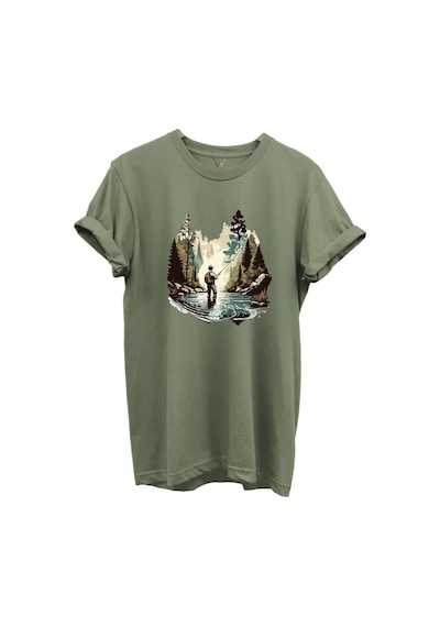Balık Tutma Temalı Kampçı Desenli %100 Pamuk Regular Fit Unisex T-shirt Haki