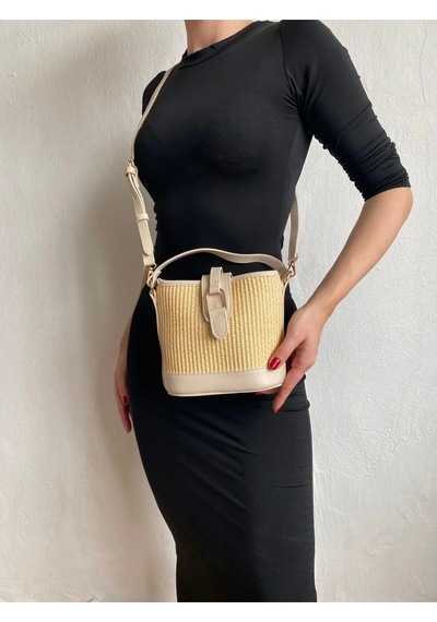 Glemix Alin Hasır Vizon Kontrast Kova Model Kadın Omuz Çantası Vizon