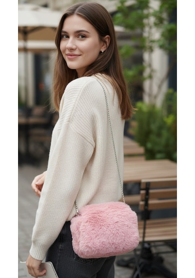 Nova Design Pembe Renkli Gümüş Zincirli Peluş Gizli Burslu Kadın Çantası