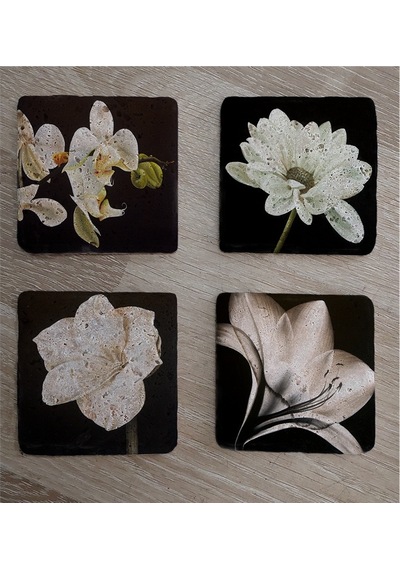 Siyah Zemin Orkide Gerbera Ve Çiçekler Doğal Taş Bardak Altlığı 4'lü Set - Natural Stone Coasters - Taş Siyah