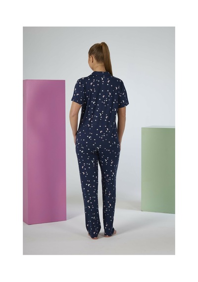 Estiva Kadın Gece Desenli Lacivert Kısa Kollu Önden Düğmeli Soft Pijama Takımı Çok renkli