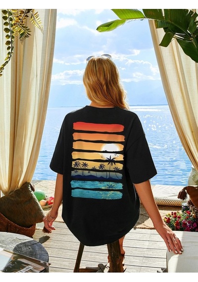 Kadın Örme Palm Tree Basklı Siyah %100 Pamuk T-shirt. Siyah