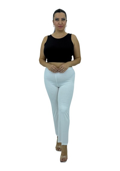Büyük Beden Beli Lastikli Likralı Boru Paça İnce Viskon Kadın Tayt Ekru