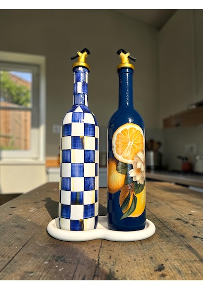 750 Ml Yeni Mavi Limon Ve Dama Desenli 2 Li Cam Yağdanlık Seti Gold Başlıklı Taş Sunum Standlı Dekoratif Tarz Lacivert