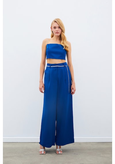 Sateen Taş Kemerli Saten Pantolon - Mavi-134978 Mavi