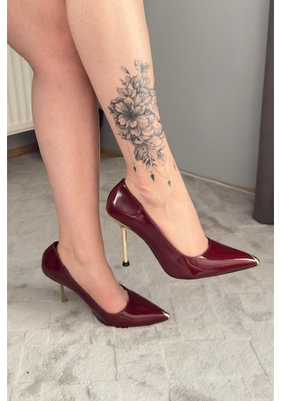 Preshley Kadın Lipo Bordo Rugan Metal Burun Detayı 10 Cm İnce Topuklu Ayakkabı & Stileto Bordo