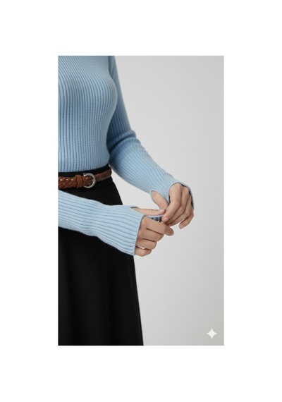 Sonbaharmoda Kadın Boğazlı Likralı Triko Badi Parmak Geçmeli Kol, Tek Beden,100% Akrilik Bebe Mavisi