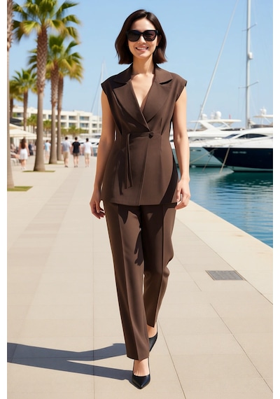 Benerly Kadın Oversize Ceket Yaka Kolsuz Dokuma Yelek Bol Paça Pantolon T Kahverengi Benerly Kadın Oversize Ceket Yaka Kolsuz Dokuma Yelek Bol Paça Pantolon T Kahverengi