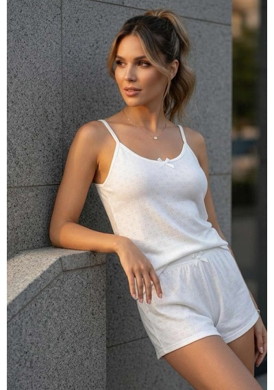 Relax Mode Kadın Jakar Kalp Desen Beyaz İp Askılı Şortlu Pijama Takımı - 26013r