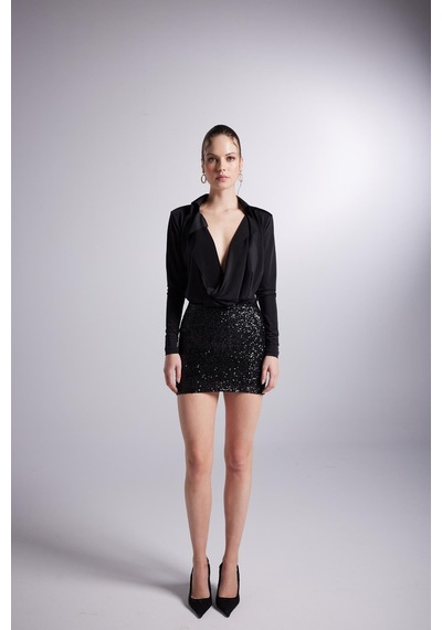 Holly Lolly Degaje Yaka Dekolteli Çıtçıtlı Taylor Bodysuit Siyah