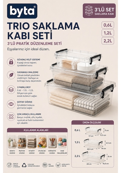 3'lü Kilitli Kapaklı Şeffaf Saklama Kabı Seti 0,6l + 1,2l + 2,2l Çok Amaçlı Organizer Bpa İçermez Şeffaf