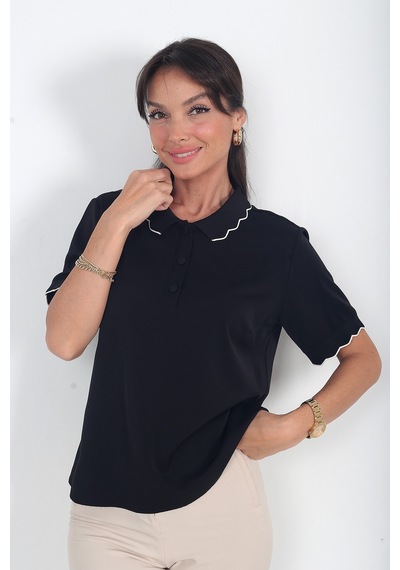 By Saygı Kadın Polo Yaka Krep Saten Bluz Siyah By Saygı Kadın Polo Yaka Krep Saten Bluz Siyah