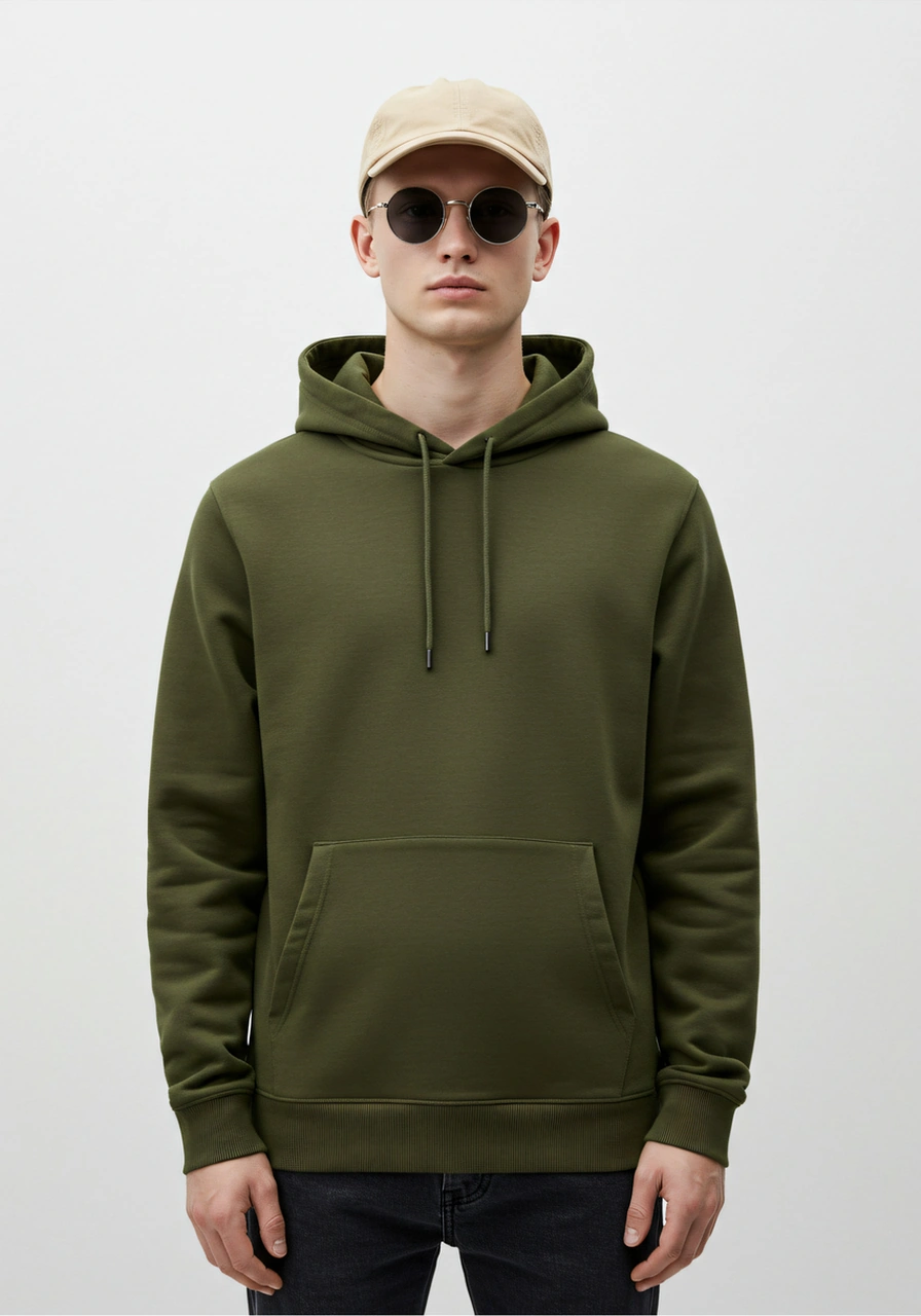Erkek Oversize %100 Pamuk Yüksek Kalite Erkek Kapüşonlu Sweatshirt Haki