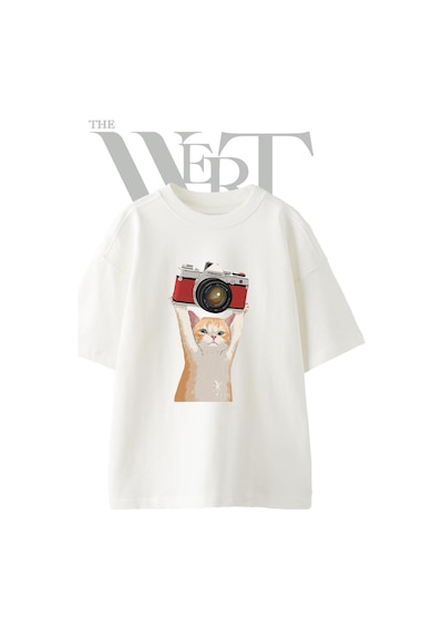 Thewert Kedi Kamera Tasarım Baskılı Ünisex Beyaz Oversize T-shirt