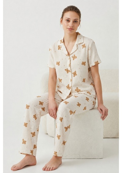 V Yaka Kapama Lastik Bel Kırık Beyaz Pijama Takımı