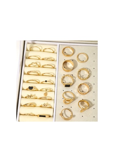 Miel Gold - 25/27 Parça Siyah Taşlı Figürlü Şık Tasarım Vintage Çoklu Gold Altın Yüzük Seti