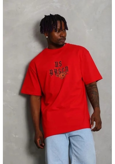 Modi Erkek Baskılı T-shirt Kısa Kol Bisiklet Yaka Regular Fit Rahat Kalıp Günlük Tişört - Kırmızı - Mymg185488