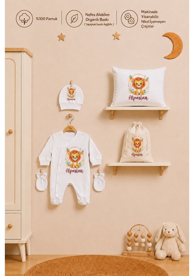 Pia Baby Erkek Bebek Hastane Çıkışı 6 Parça %100 Pamuk İsme Özel Kese Hediyeli Tulum Şapka Eldiven Seti 1011tybkyx Krem