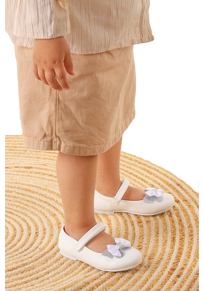 Kiko Kids Taşlı Cırtlı Kız Çocuk Fiyonklu Babet Ayakkabı Ege 204 Cilt Beyaz