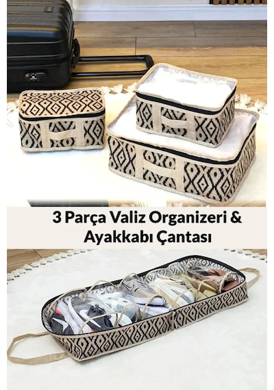 3 Parça Valiz Bavul Düzenleyici & Ayakkabı Hurcu Bej