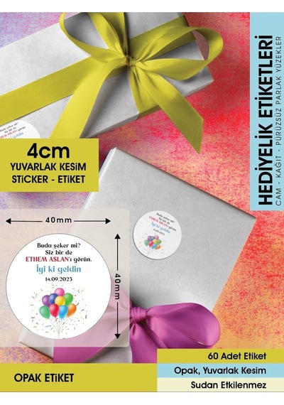 Balonlu Konsept Hediyelik Etiket 4 CM - 60 Adet Opak Etiket Renkli
