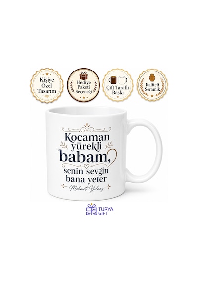 Kocaman Yürekli Baba Yazılı Kupa Bardak Babalar Günü Hediyesi Özel Tasarım Beyaz / Çok Renkli
