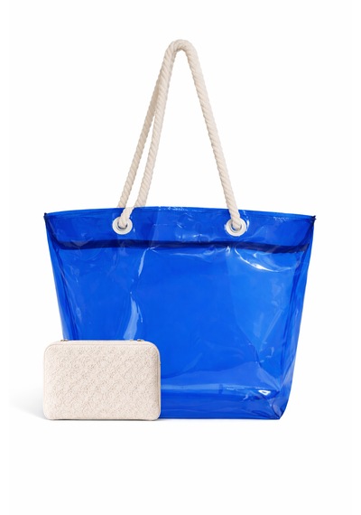 Kadın Şeffaf Plaj Çantası - 50 x 35 Cm- Fermuarlı- Aquatolia Kol Ve Omuz Çantası Mavi
