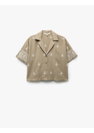 Koton Viskon Etnik Desenli İşlemeli Kısa Kollu Oversize Crop Gömlek Haki 5sak60094pw Haki
