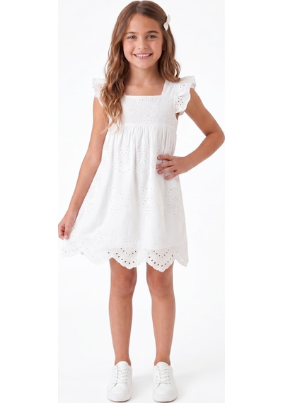 Onloox Kız Çocuk Ekru Kız Çocuk Ekru Pamuklu Kare Yaka Ay Kol Dar Kalıp Çiçek Nakışlı Güpür Elbise 4-8 Yaş
