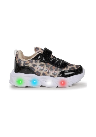 Kiko Kids Teno Leopar Desenli Cırtlı Işıklı Kız Bebek Spor Ayakkabı Siyah