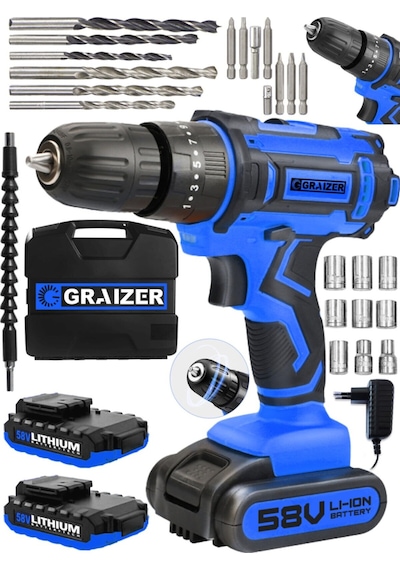 Graizer Hybrid 58V 5Ah Çift Akülü Darbeli Vidalama Matkap Mavi + 27 Parça Set