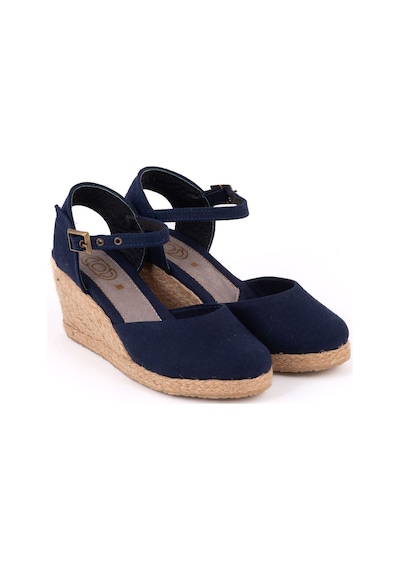 Star Tombis Gerçek Elişi Topuğu Açık Bilekten Bantlı Dolgu Topuk Keten Hasır Kadın Espadril Handmade Lacivert