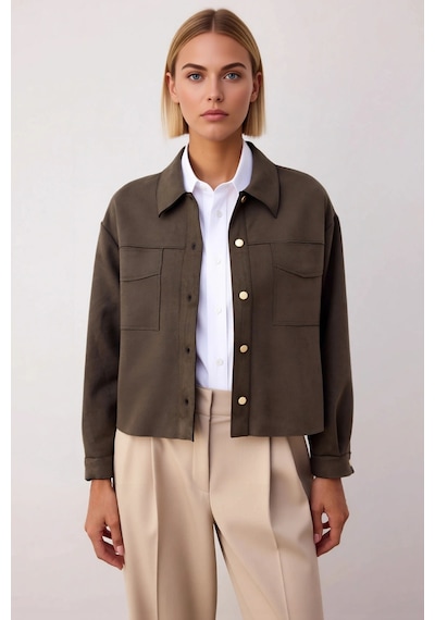 Benerly Kadın Ceket Yaka Standart Kol Düz Desen %100 Polyester Fonksiyone Haki