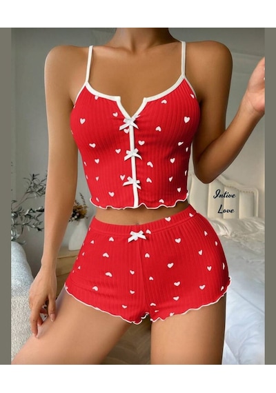Intive Comfort Kalp Desenli V Yaka İnce Askılı Mini Şortlu Büstiy Kırmızı